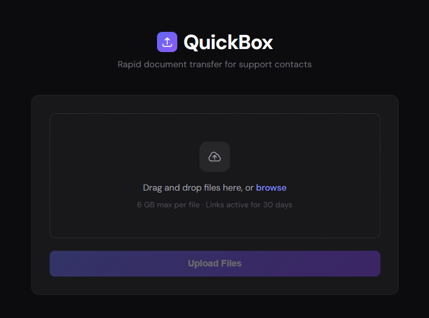 QuickBox web interface showing drag-and-drop upload area